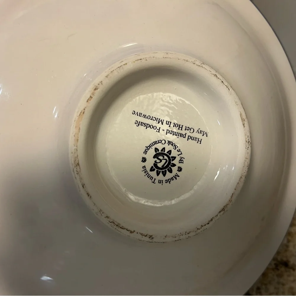 Le Souk Ceramique 12”Round serving Bowl, Made in Tunisia, White, Blue,